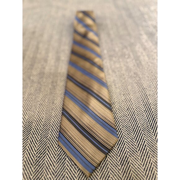 Paul Dione Mens Handmade Striped Tie Gold & Blue 100% Silk Shell - Picture 2 of 7